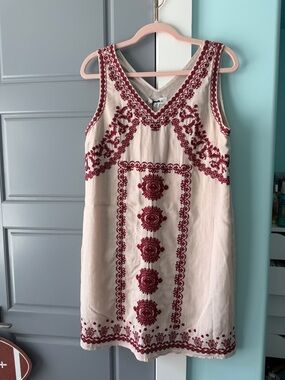 THML Cream Mini Dress with Burgundy Embroidery